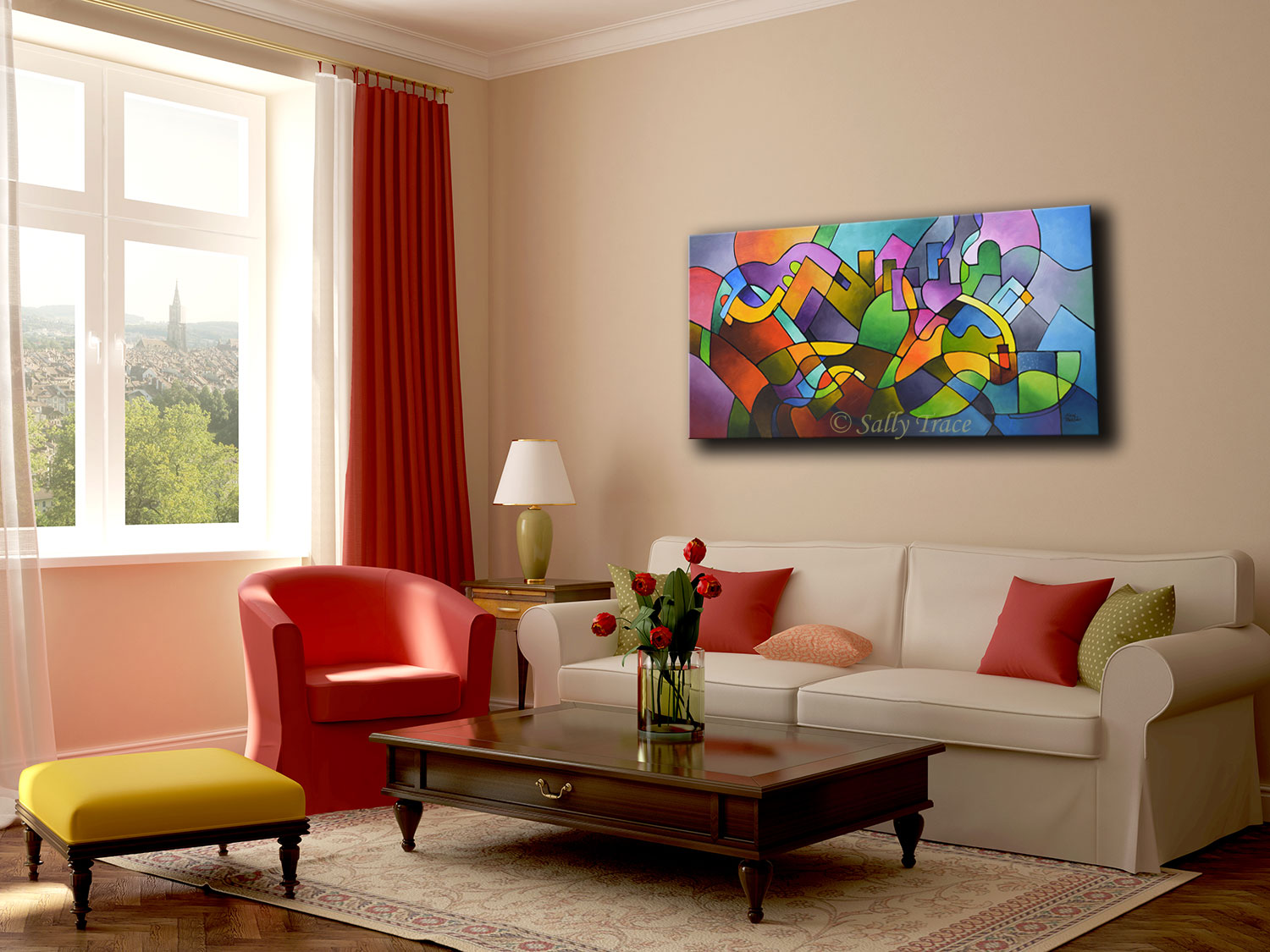 Modern art beautiful wall paintings for living room, "Journey Back Home", original contemporary abstract painting by Sally Trace, room view