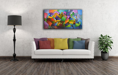 Modern art beautiful wall paintings for living room, "Journey Back Home", original contemporary abstract painting by Sally Trace, room view