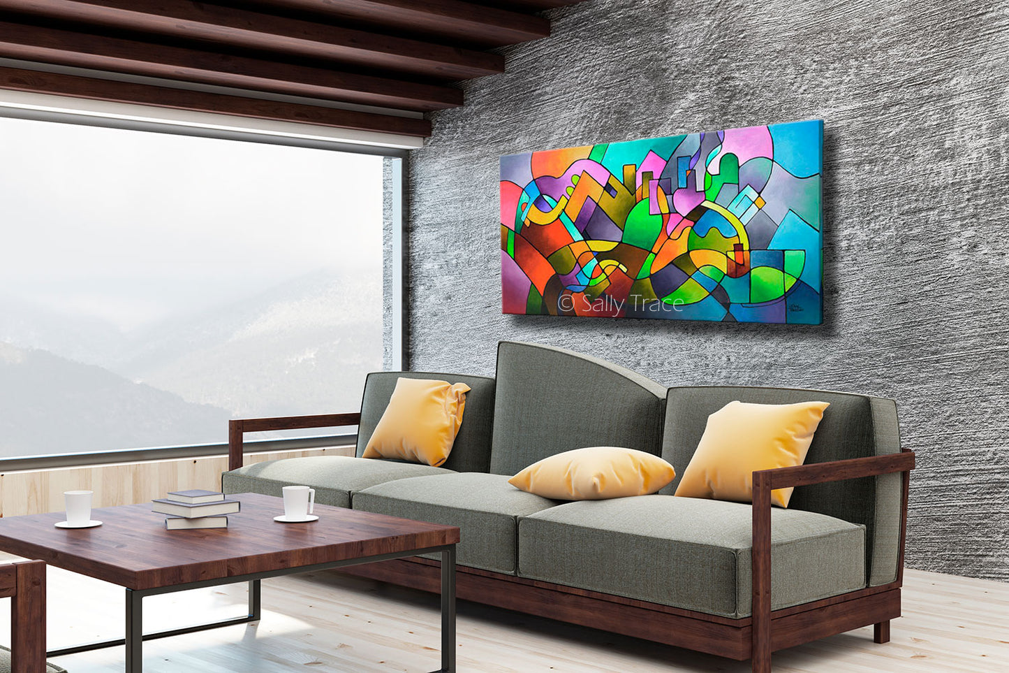 "Journey Back Home" giclee prints from the original abstract cityscape painting, modern wall art, living room view