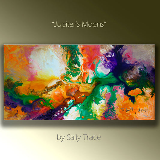 Jupiter's Moons, giclee prints made from the original modern contemporary fluid art painting by Sally Trace, nebula canvas art, colorful abstract paitings, outer space artwork, pour painting art