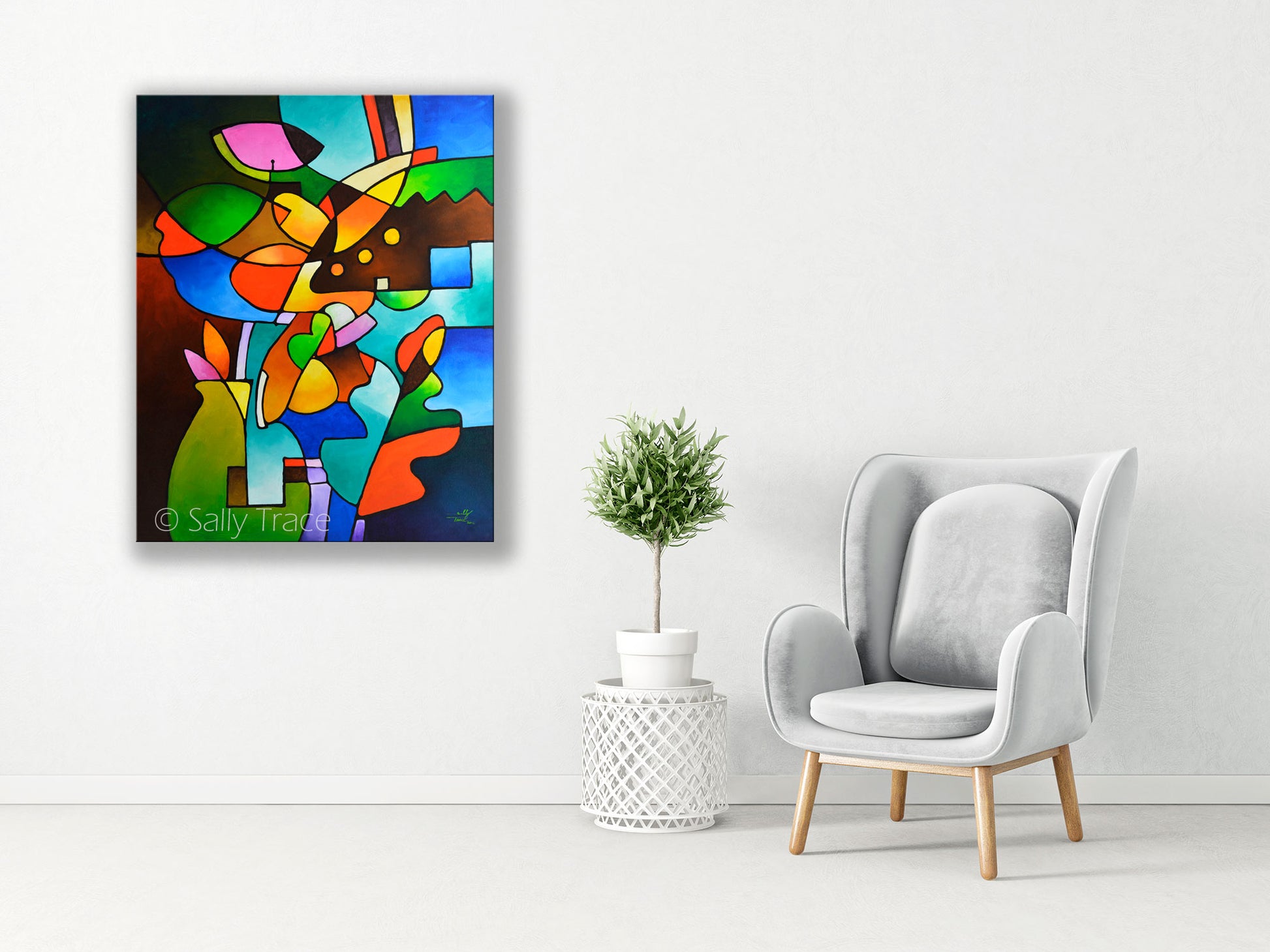 "Leaf and Vase" by Sally Trace, geometric cubist abstraction, fine art prints on canvas, room view