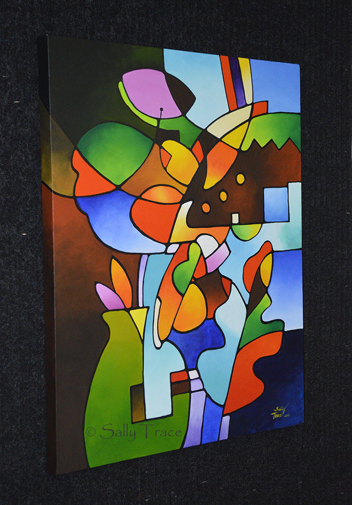 Leaf and Vase, Original Geometric Cubist Still Life Painting Commission