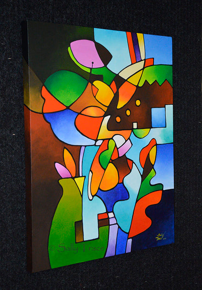 "Leaf and Vase" Original Geometric Cubist Still Life Painting Commission