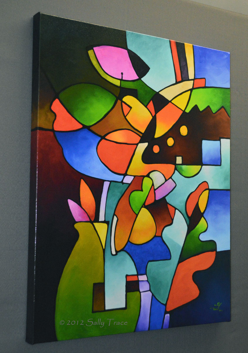 "Leaf and Vase" by Sally Trace, geometric cubist abstraction, fine art prints on canvas, side view