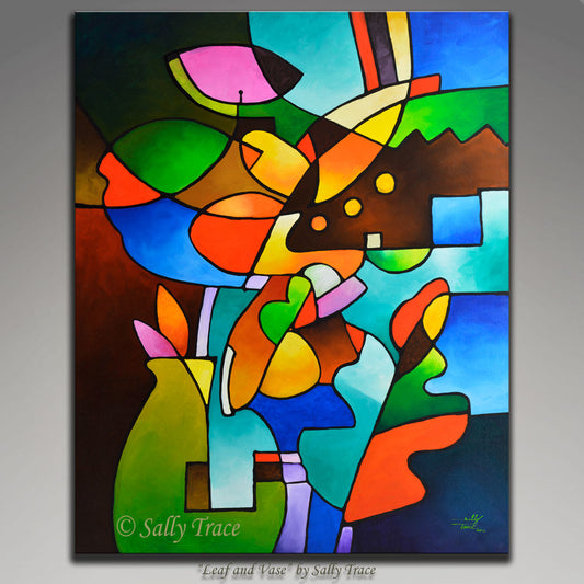 "Leaf and Vase" by Sally Trace, geometric cubist abstraction, fine art prints on canvas