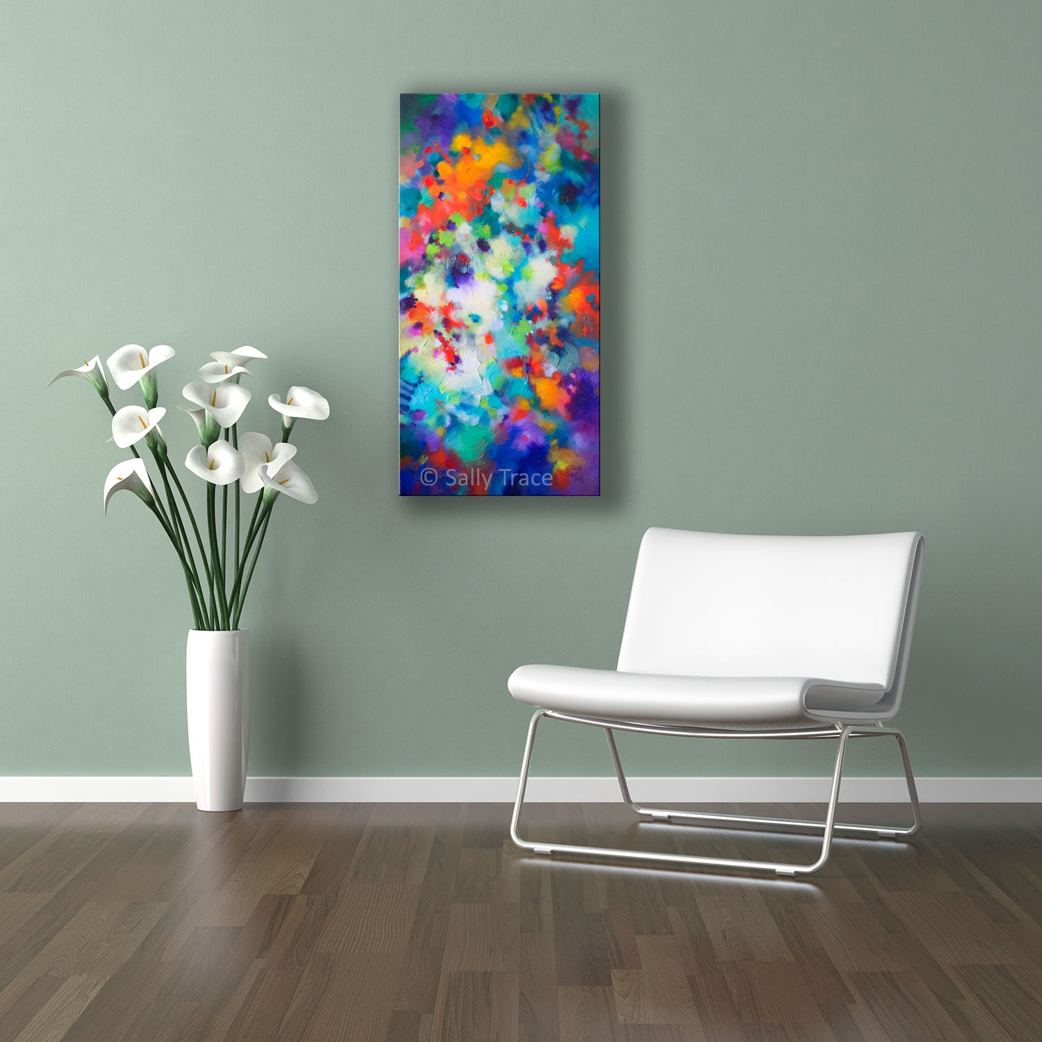 "Lifting Clouds" original fine art abstract textured painting for sale by Sally Trace, room view