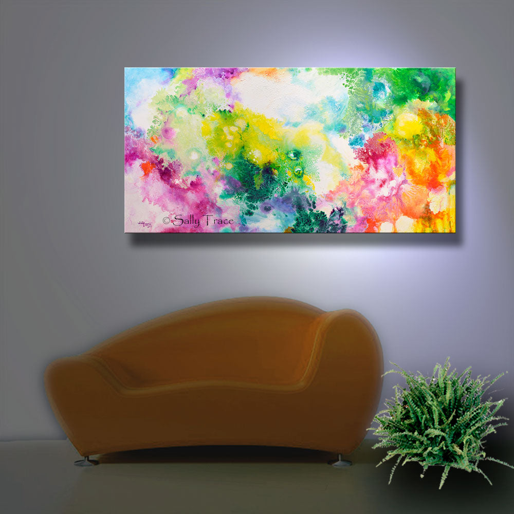 Ethereal Resonance, giclee print on stretched canvas from the original fluid painting by Sally Trace, room view