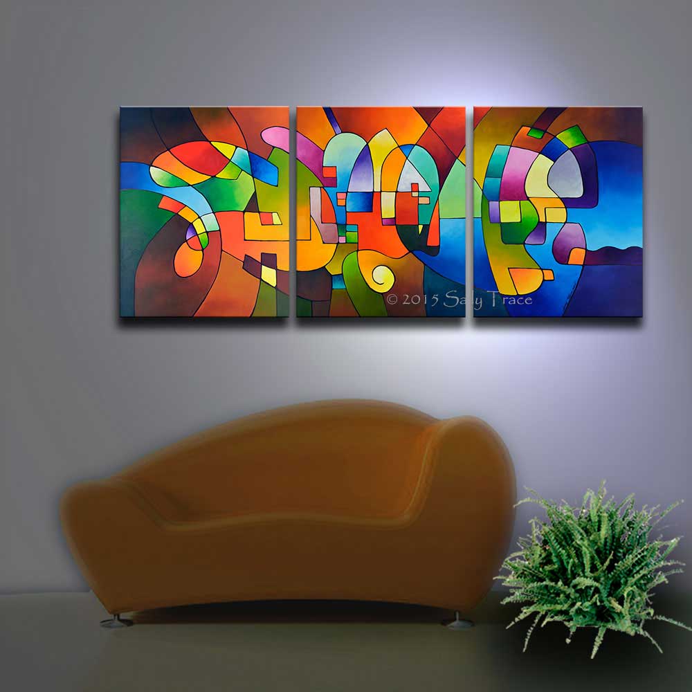 "Clear Focus 2" Large Geometric Triptych Fine Art Giclee Prints on Stretched Canvas