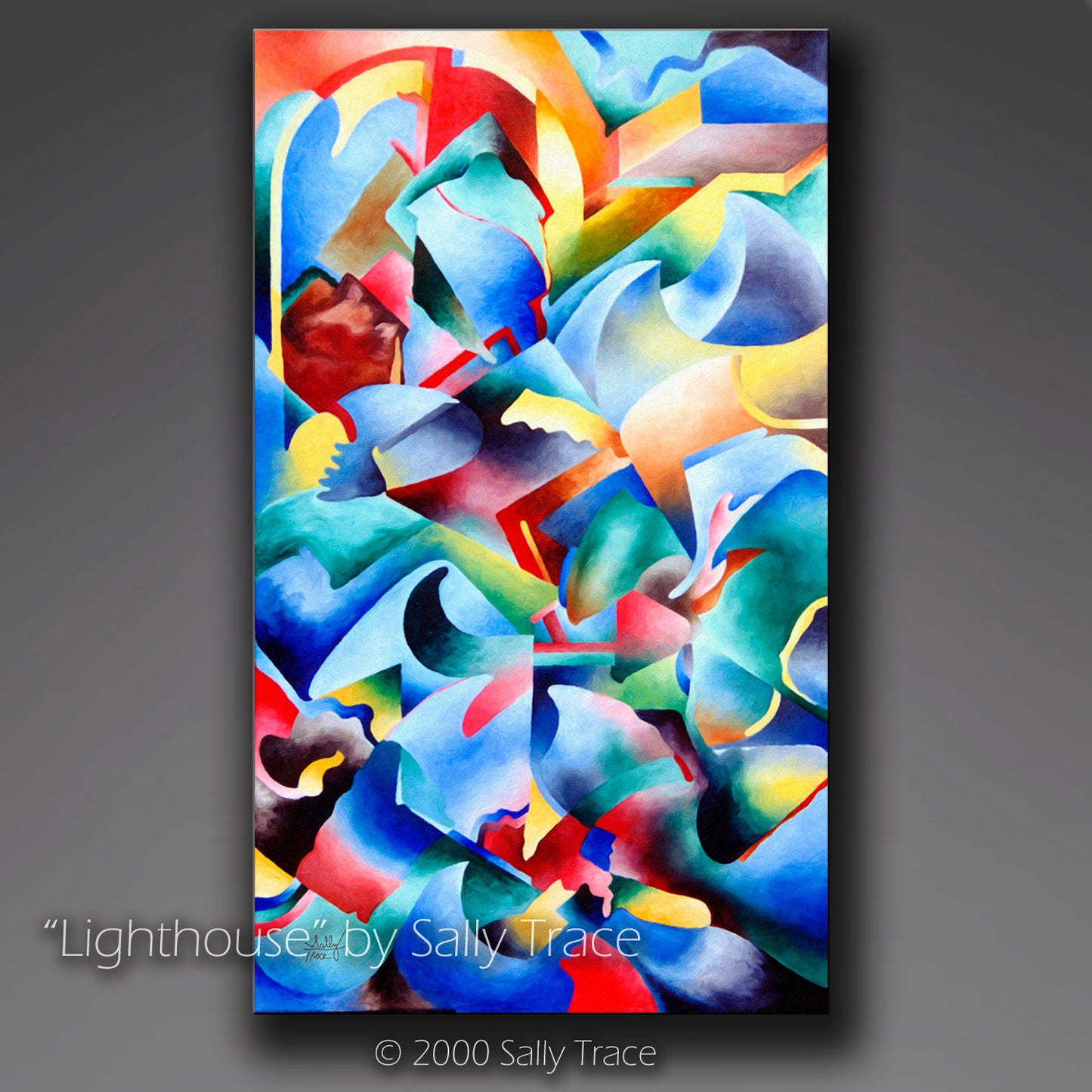 Abstract modern art painting of a lighthouse with lots of geometric shapes, wave shapes, blue colors and suggestions of movement. By Sally Trace