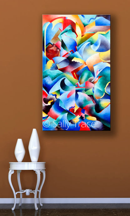 Abstract modern art painting of a lighthouse with lots of geometric shapes, wave shapes, blue colors and suggestions of movement. By Sally Trace, room view in a hallway
