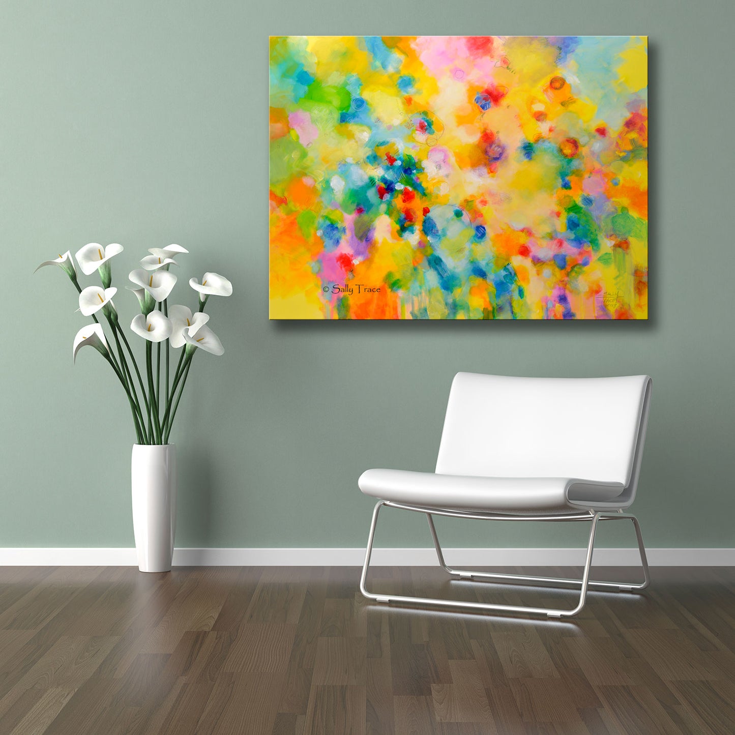 Modern contemporary art for sale by Sally Trace, "Lightness" giclee print on canvas by Sally Trace, room view