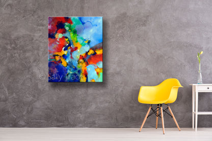 "Lilt" giclee print is made from my original abstract painting 20x24 or 25x30 inches, 1.5 inches deep Printed with rich, vivid archival pigment inks on a thick poly-cotton archival quality fine art glossy canvas. The image is mirror wrapped around the sides, and the canvas is hand-stretched on to 1.5" deep kiln-dried wooden stretcher bars and stapled on the back. Ready to hang with pre-attached hanging wire. The printed canvas has a smooth canvas texture.