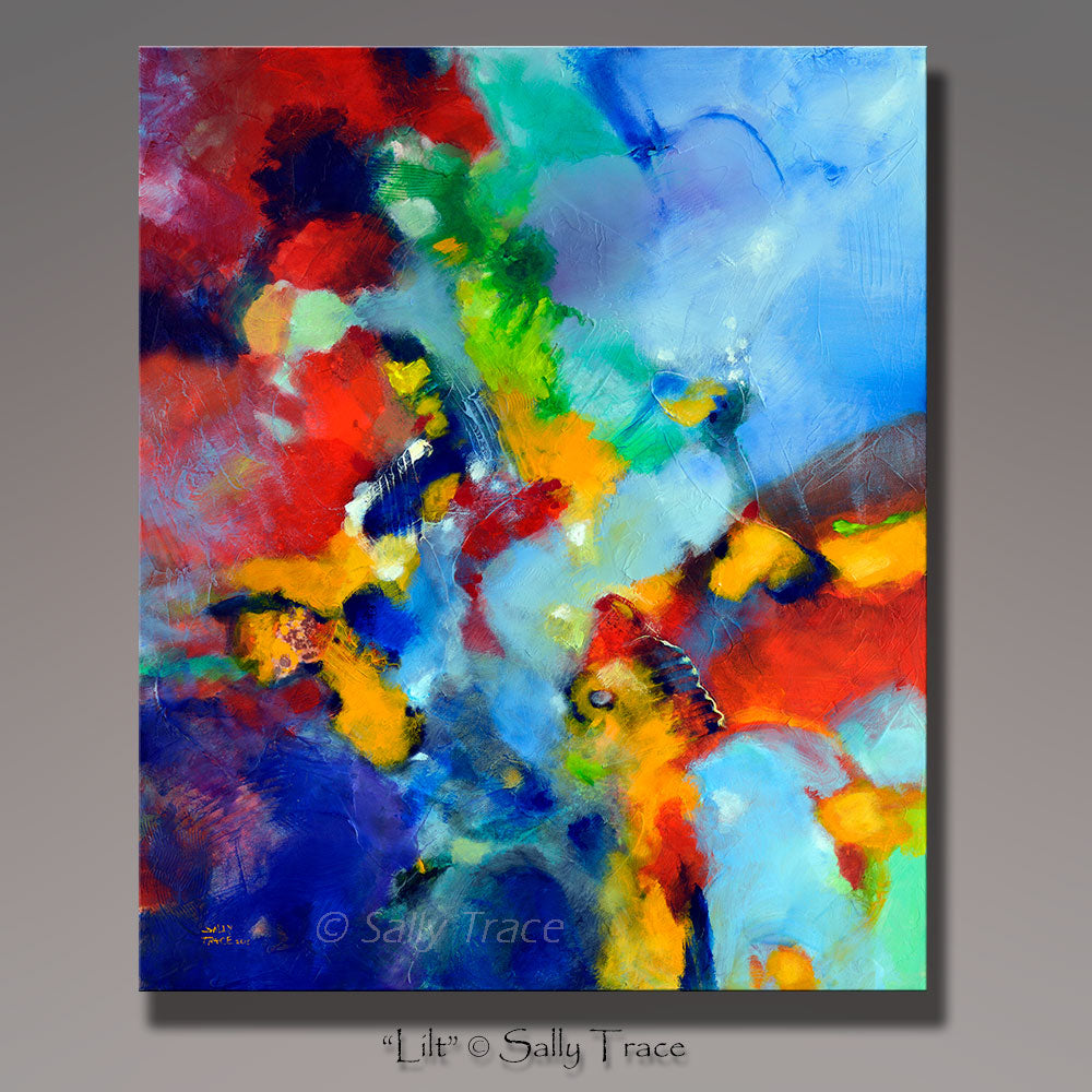 "Lilt" giclee print is made from my original abstract painting 20x24 or 25x30 inches, 1.5 inches deep Printed with rich, vivid archival pigment inks on a thick poly-cotton archival quality fine art glossy canvas. The image is mirror wrapped around the sides, and the canvas is hand-stretched on to 1.5" deep kiln-dried wooden stretcher bars and stapled on the back. Ready to hang with pre-attached hanging wire. The printed canvas has a smooth canvas texture.