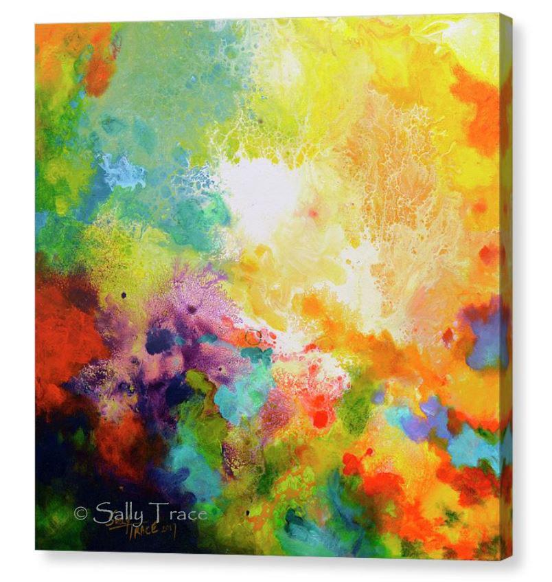 Momentum, contemporary abstract art triptych painting prints on canvas by Sally Trace, canvas one. Large contemporary colorful modern modern art triptych prints on stretched canvas made from my original acrylic painting "Momentum".  Coral, teal, yellow, violet and turquoise fine art prints for your bedroom, office, living room, dining room.  Modern artwork horizontal prints for sale online.