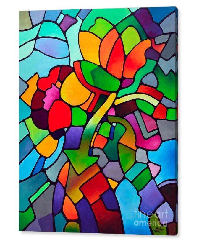 Modern colorful geometric art prints for sale by Sally Trace, side view
