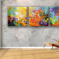 Large contemporary colorful modern modern art triptych prints on stretched canvas made from my original acrylic painting "Momentum". Coral, teal, yellow, violet and turquoise fine art prints for your bedroom, office, living room, dining room. Modern artwork horizontal prints for sale online by Sally Trace,  modern living room wall art painting.