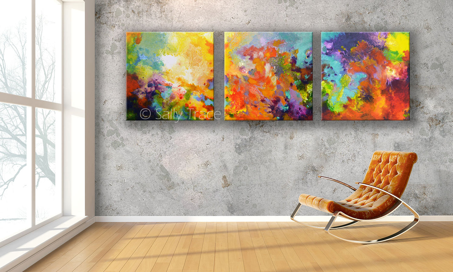 Large contemporary colorful modern modern art triptych prints on stretched canvas made from my original acrylic painting "Momentum". Coral, teal, yellow, violet and turquoise fine art prints for your bedroom, office, living room, dining room. Modern artwork horizontal prints for sale online by Sally Trace,  modern living room wall art painting.