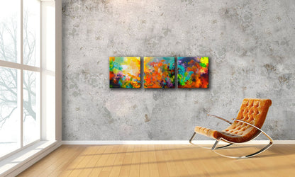 Momentum, original abstract triptych paintings. Three 20x20 inch paintings, acrylic on canvas. A richly detailed fluid painting with light texture, room view