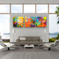 Large contemporary colorful modern modern art triptych prints on stretched canvas made from my original acrylic painting "Momentum". Coral, teal, yellow, violet and turquoise fine art prints for your bedroom, office, living room, dining room. Modern artwork horizontal prints for sale online by Sally Trace,  modern living room wall art painting.