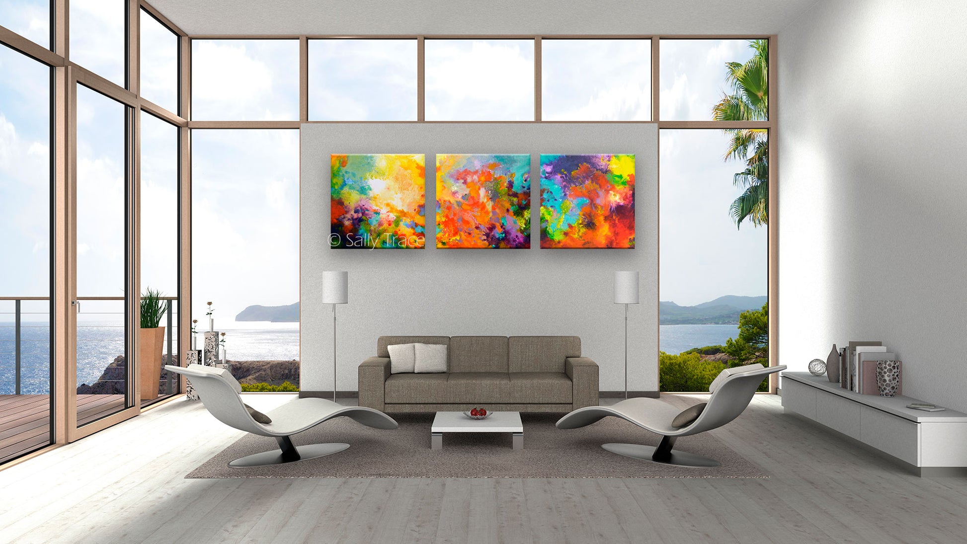 Large contemporary colorful modern modern art triptych prints on stretched canvas made from my original acrylic painting "Momentum". Coral, teal, yellow, violet and turquoise fine art prints for your bedroom, office, living room, dining room. Modern artwork horizontal prints for sale online by Sally Trace,  modern living room wall art painting.