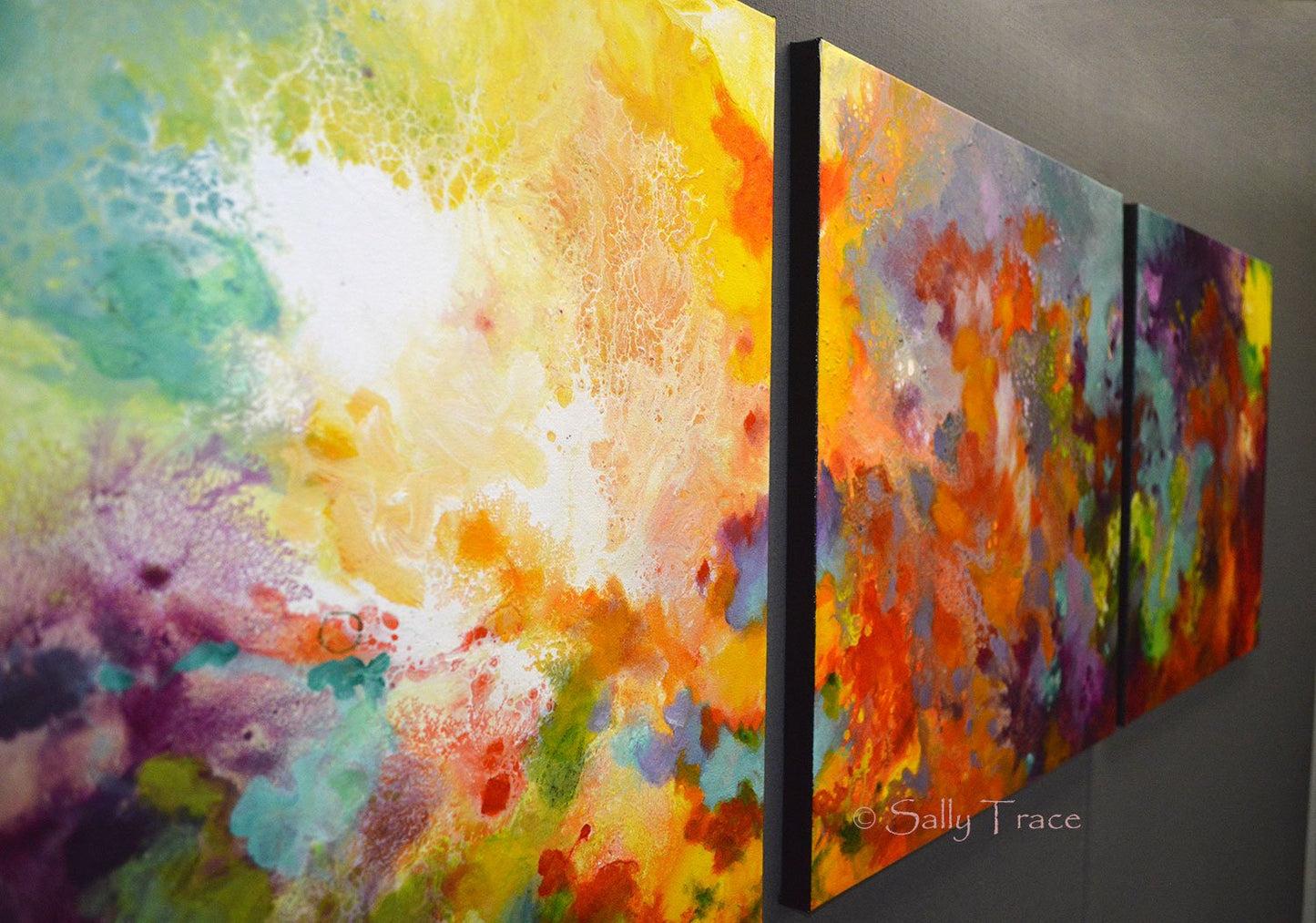Momentum, original abstract triptych paintings. Three 20x20 inch paintings, acrylic on canvas. A richly detailed fluid painting with light texture, close-up view