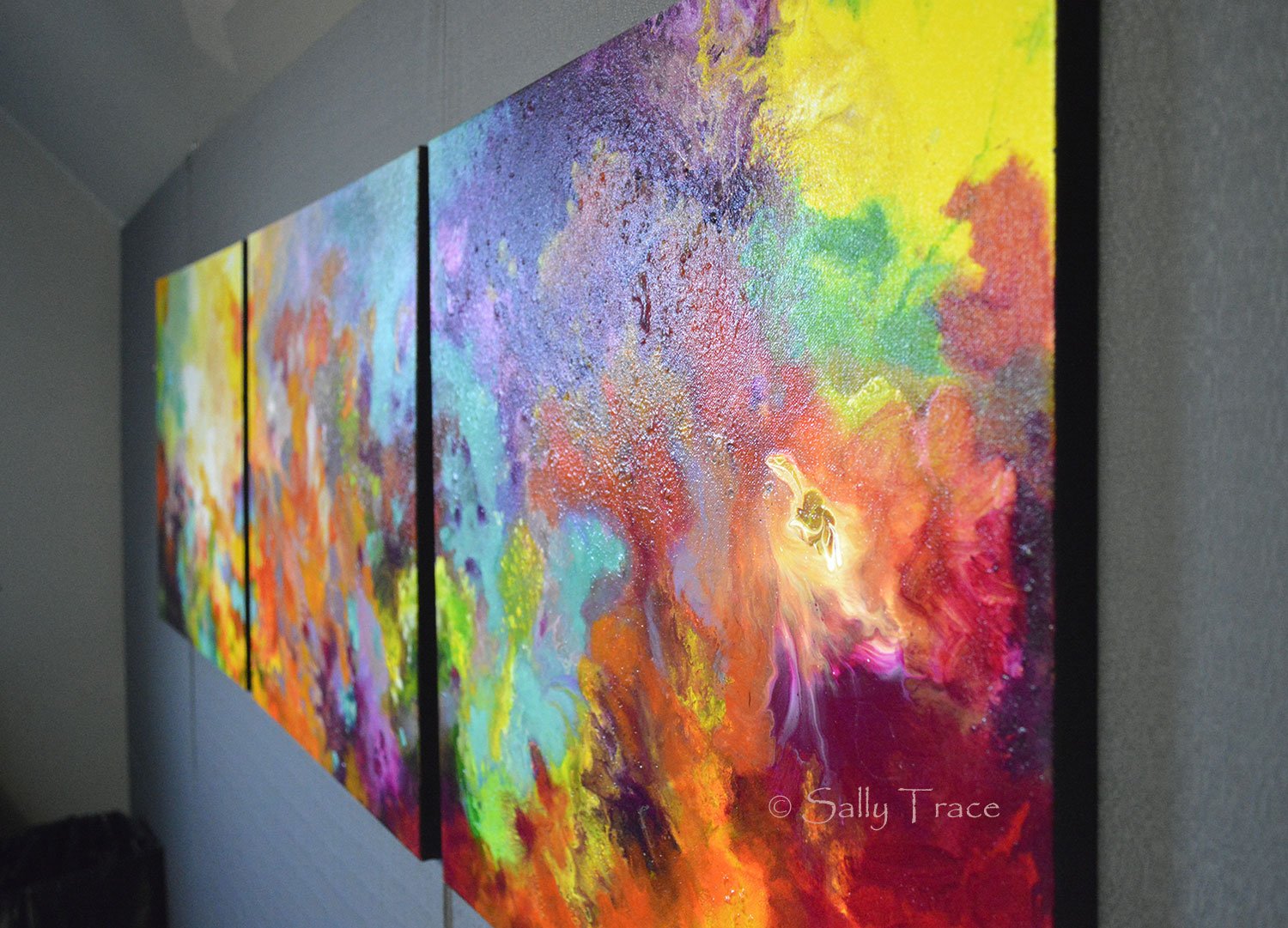 Momentum, original abstract triptych paintings. Three 20x20 inch paintings, acrylic on canvas. A richly detailed fluid painting with light texture, close-up view