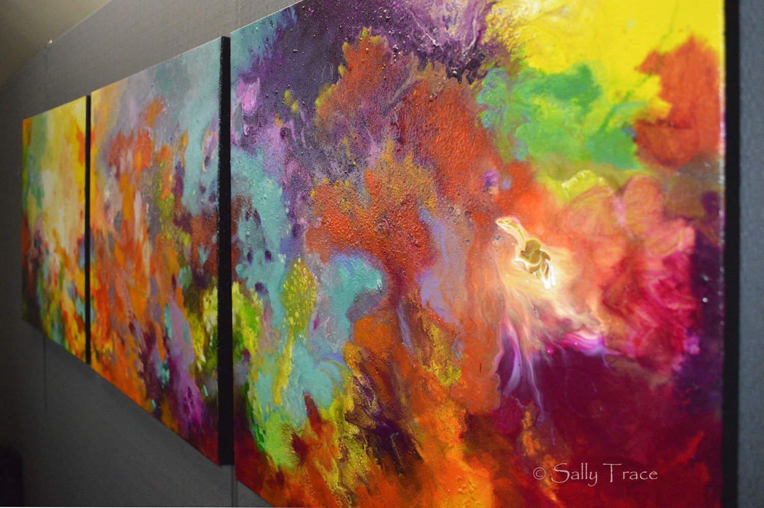 Momentum, original abstract triptych paintings. Three 20x20 inch paintings, acrylic on canvas. A richly detailed fluid painting with light texture, close-up view