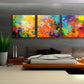 Large contemporary colorful modern modern art triptych prints on stretched canvas made from my original acrylic painting "Momentum". Coral, teal, yellow, violet and turquoise fine art prints for your bedroom, office, living room, dining room. Modern artwork horizontal prints for sale online by Sally Trace,  modern living room wall art painting.