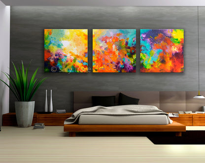 Large contemporary colorful modern modern art triptych prints on stretched canvas made from my original acrylic painting "Momentum". Coral, teal, yellow, violet and turquoise fine art prints for your bedroom, office, living room, dining room. Modern artwork horizontal prints for sale online by Sally Trace,  modern living room wall art painting.