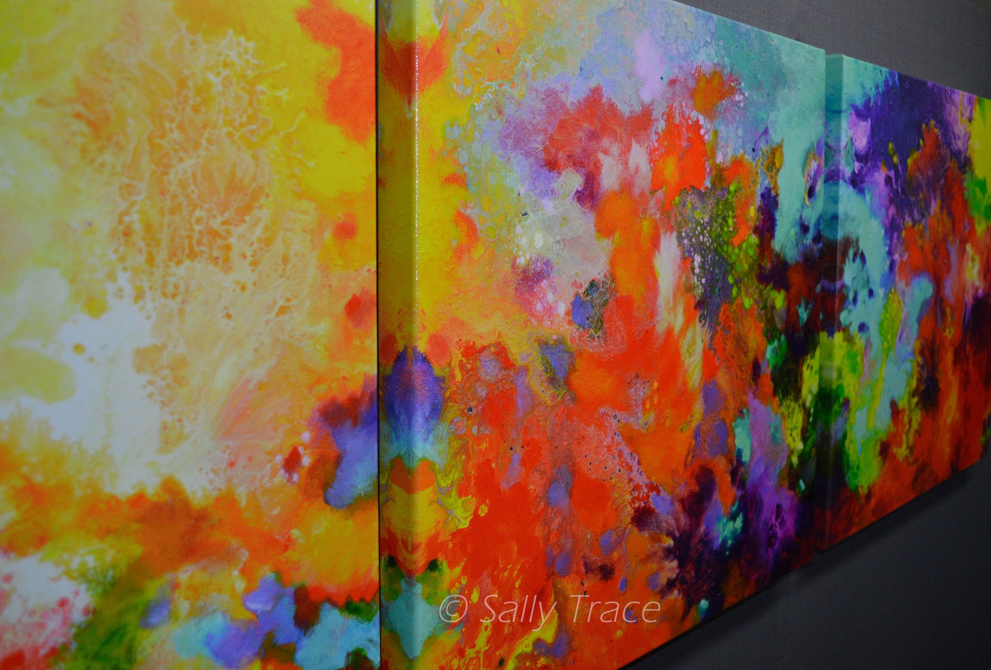 Momentum, contemporary abstract art triptych painting prints on canvas by Sally Trace. Large contemporary colorful modern modern art triptych prints on stretched canvas made from my original acrylic painting "Momentum". Coral, teal, yellow, violet and turquoise fine art prints for your bedroom, office, living room, dining room. Modern artwork horizontal prints for sale online, orange turquoise art,  modern living room wall art painting.