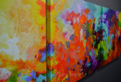 Momentum, contemporary abstract art triptych painting prints on canvas by Sally Trace. Large contemporary colorful modern modern art triptych prints on stretched canvas made from my original acrylic painting "Momentum". Coral, teal, yellow, violet and turquoise fine art prints for your bedroom, office, living room, dining room. Modern artwork horizontal prints for sale online, orange turquoise art,  modern living room wall art painting.