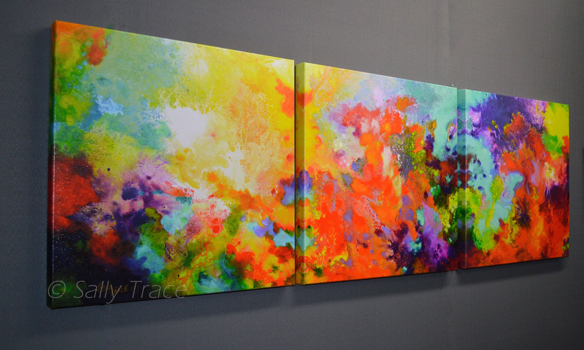 Momentum, contemporary abstract art triptych painting prints on canvas by Sally Trace. Large contemporary colorful modern modern art triptych prints on stretched canvas made from my original acrylic painting "Momentum". Coral, teal, yellow, violet and turquoise fine art prints for your bedroom, office, living room, dining room. Modern artwork horizontal prints for sale online, orange turquoise art,  modern living room wall art painting.