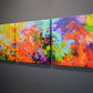 Momentum, contemporary abstract art triptych painting prints on canvas by Sally Trace. Large contemporary colorful modern modern art triptych prints on stretched canvas made from my original acrylic painting "Momentum". Coral, teal, yellow, violet and turquoise fine art prints for your bedroom, office, living room, dining room. Modern artwork horizontal prints for sale online, orange turquoise art,  modern living room wall art painting.