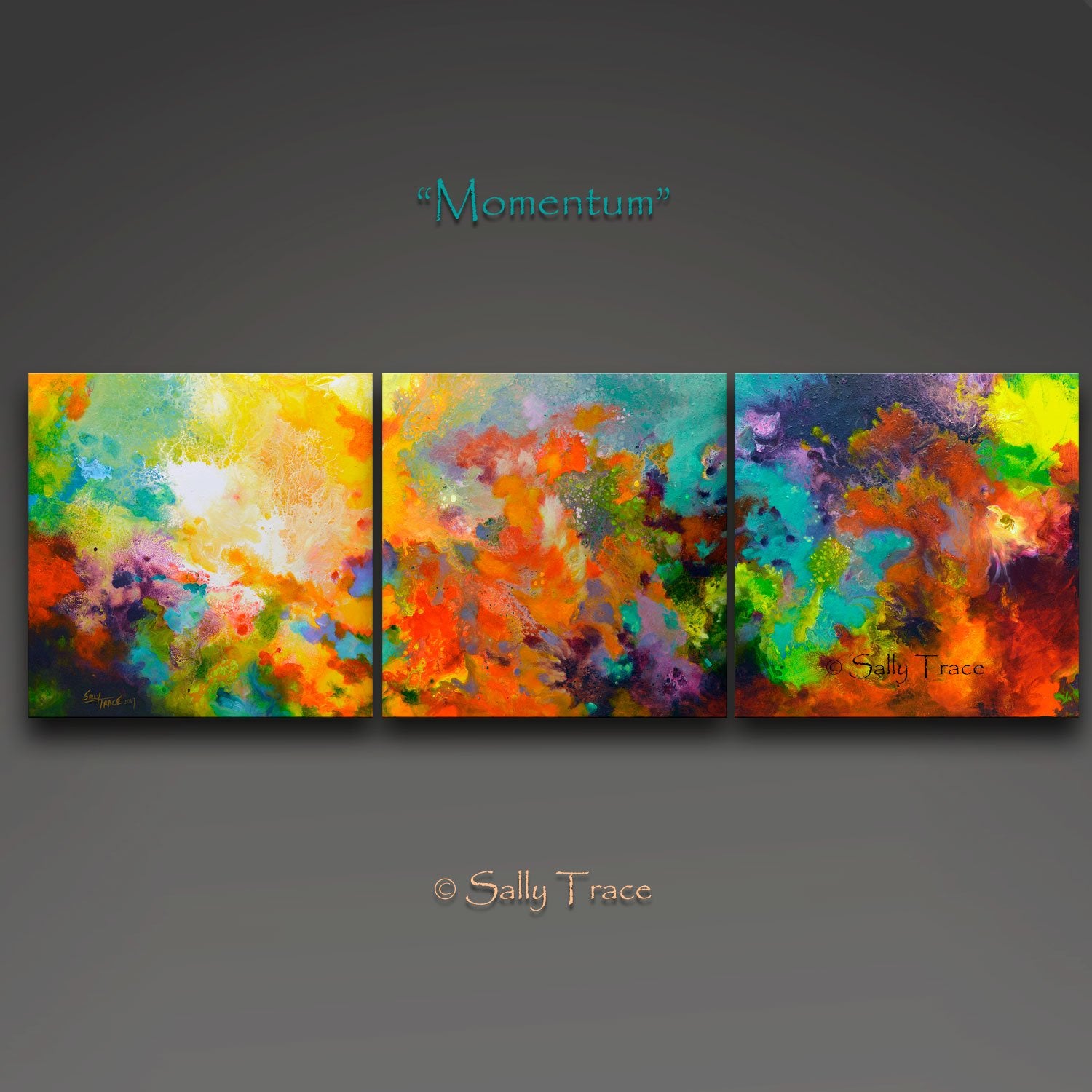 Momentum, contemporary abstract art triptych painting prints on canvas by Sally Trace. Large contemporary colorful modern modern art triptych prints on stretched canvas made from my original acrylic painting "Momentum".  Coral, teal, yellow, violet and turquoise fine art prints for your bedroom, office, living room, dining room.  Modern artwork horizontal prints for sale online, orange turquoise art.