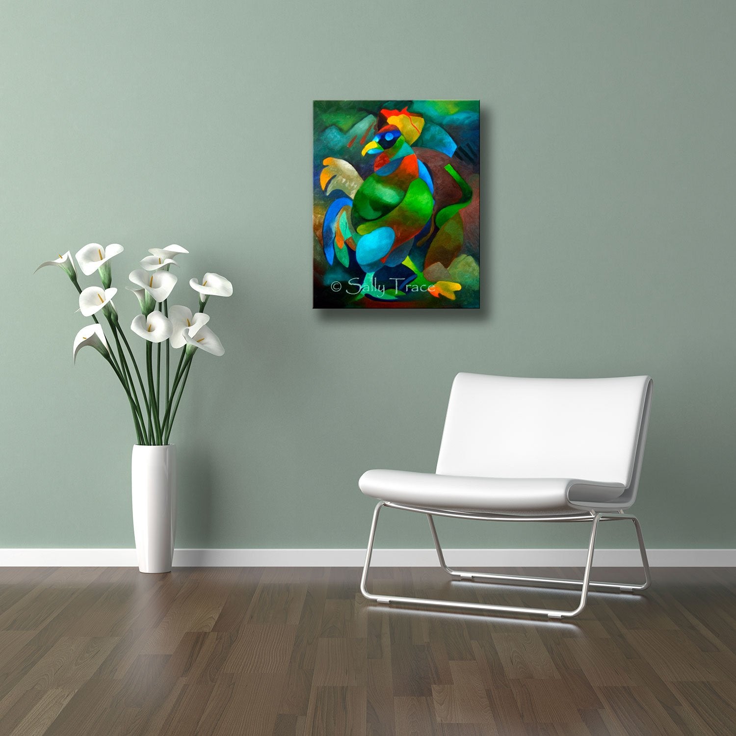 Morning Rooster, abstract art painting print on canvas by Sally Trace, room view, from the original oil painting.
