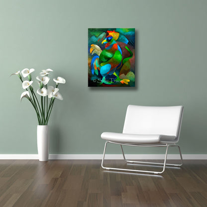 Morning Rooster, abstract art painting print on canvas by Sally Trace, room view, from the original oil painting.