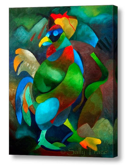 Morning Rooster, abstract art painting print on canvas by Sally Trace, side view. from the original oil painting.
