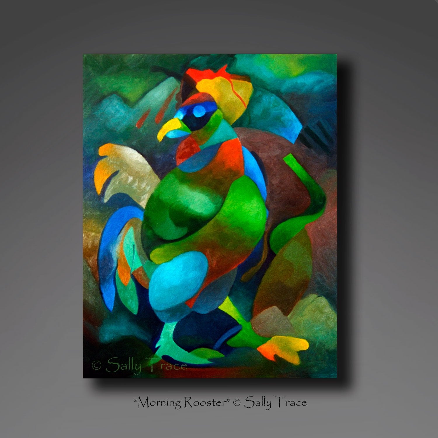 Morning Rooster, abstract art painting print on canvas by Sally Trace from the original oil painting.