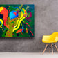 Olive Suspension by Sally Trace, hard edged abstraction, geometric abstract art, mid century modern, color field, object on field abstract painting print, room view