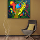 Olive Suspension by Sally Trace, mid century modern, color field, object on field abstract painting print, room view