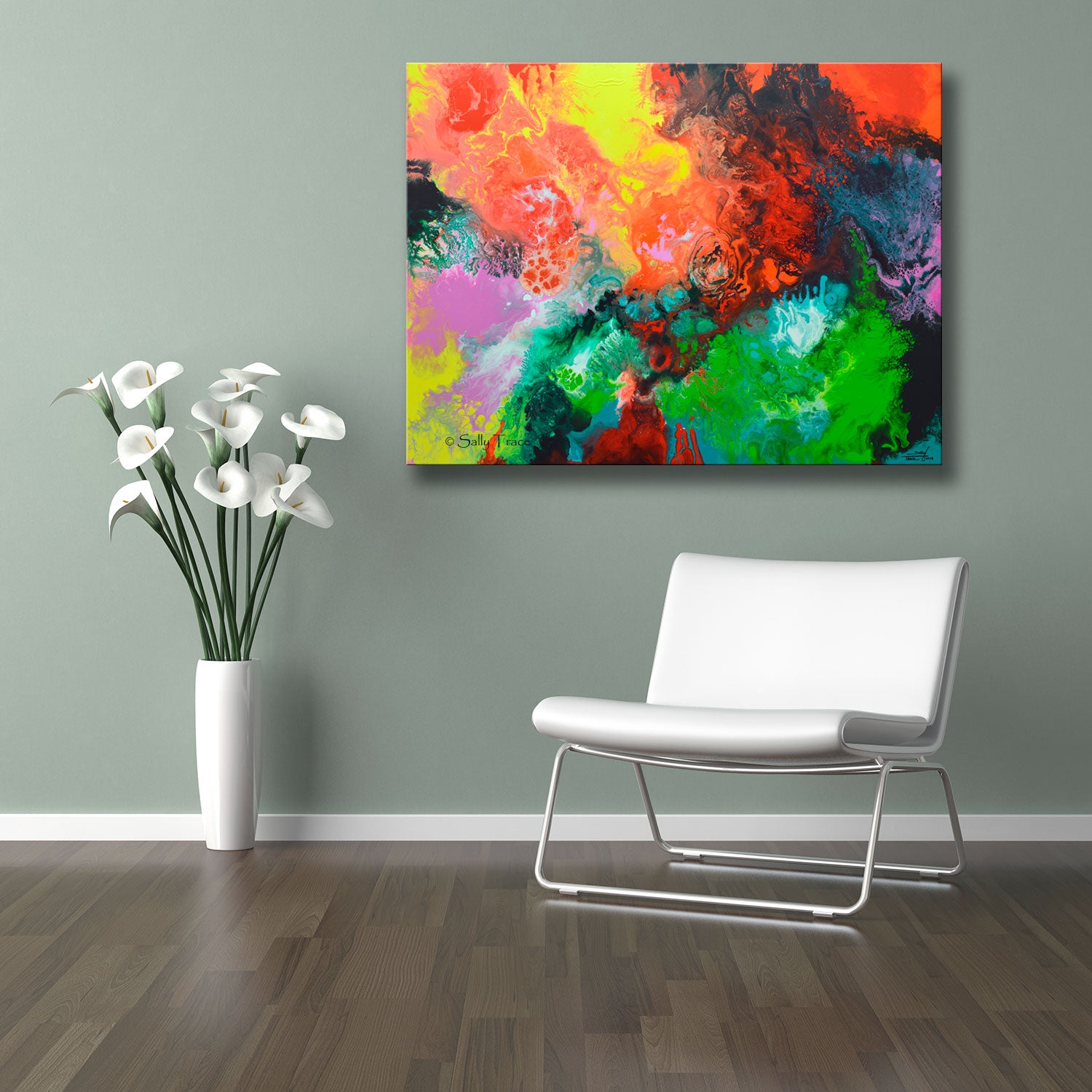 Modern art giclee print on stretched canvas from the original fluid art painting "Origin" by Sally Trace, contemporary art