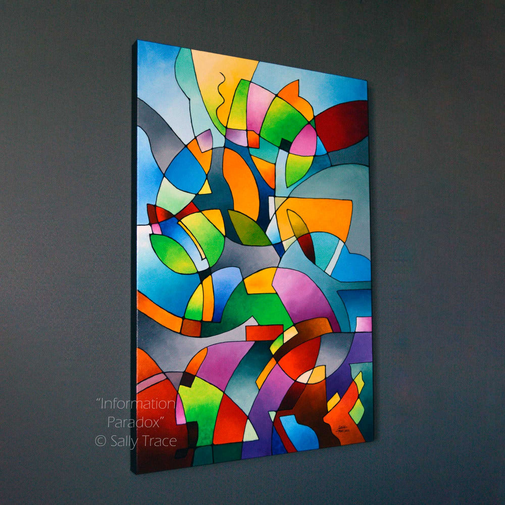Modern geometric abstract art original acrylic painting on canvas "Information Paradox" by Sally Trace, left side view