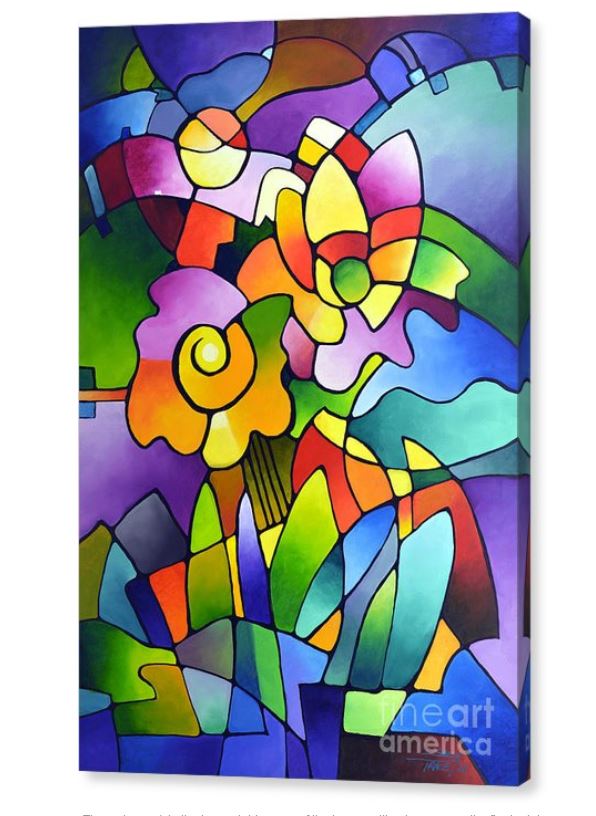 Pinwheel Blooms, modern contemporary geometric floral abstract painting print by Sally Trace, side view
