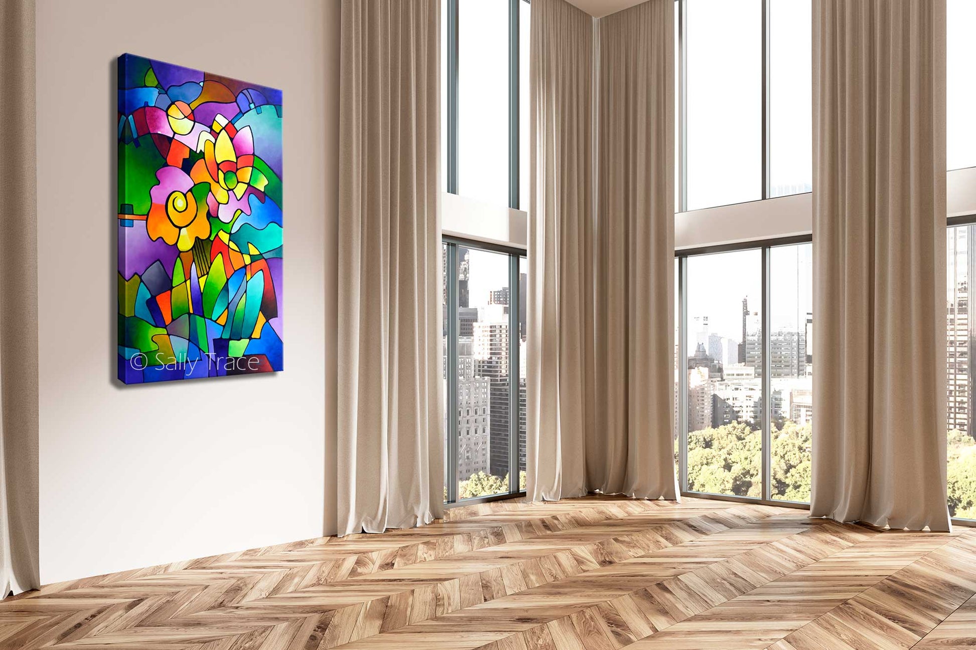 Pinwheel Blooms, modern contemporary geometric floral abstract painting print by Sally Trace, room view
