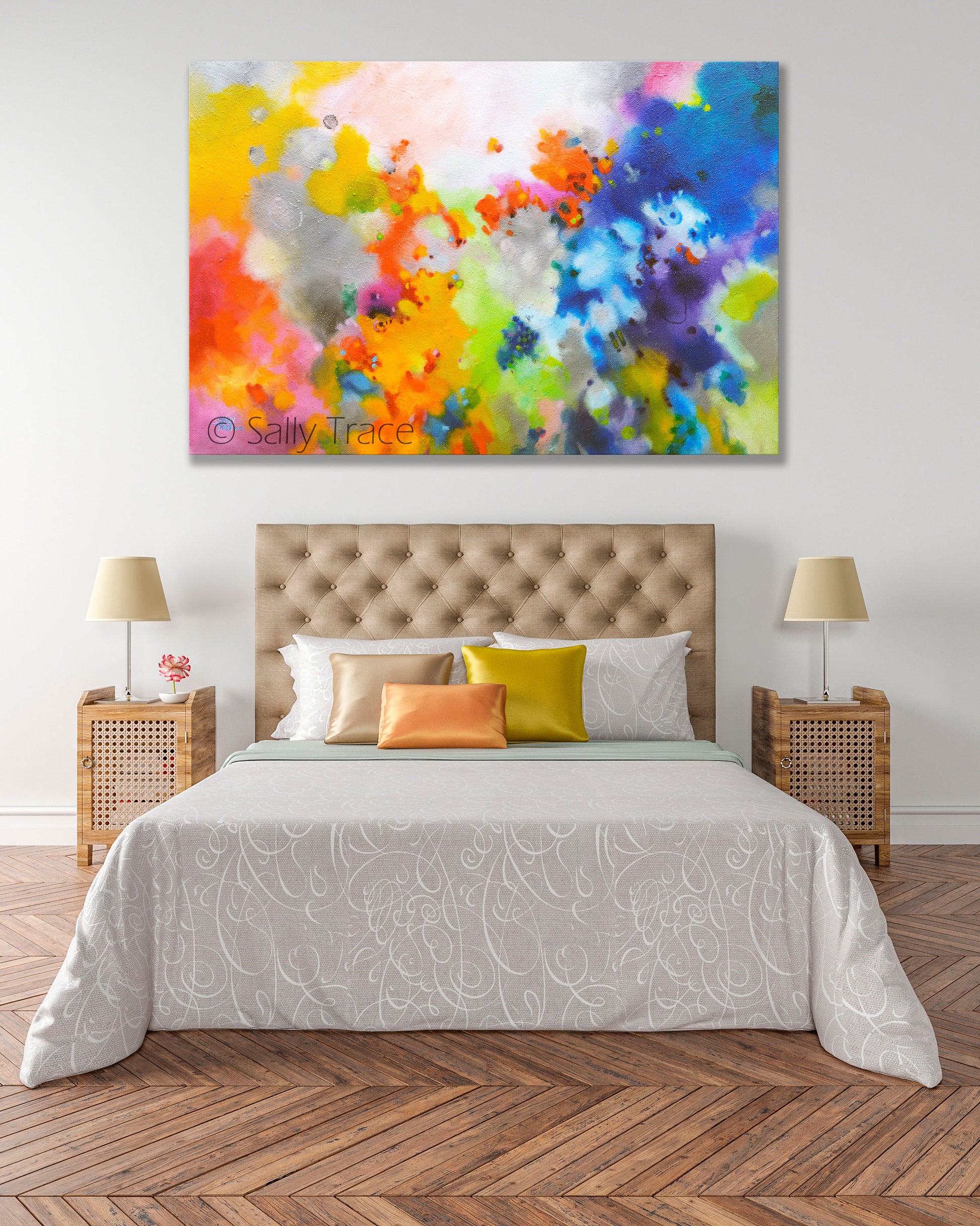 Giclee print by Sally Trace from the original painting Point of View, shown hanging above a bed, as contemporary bedroom decor and wall art for the bedroom