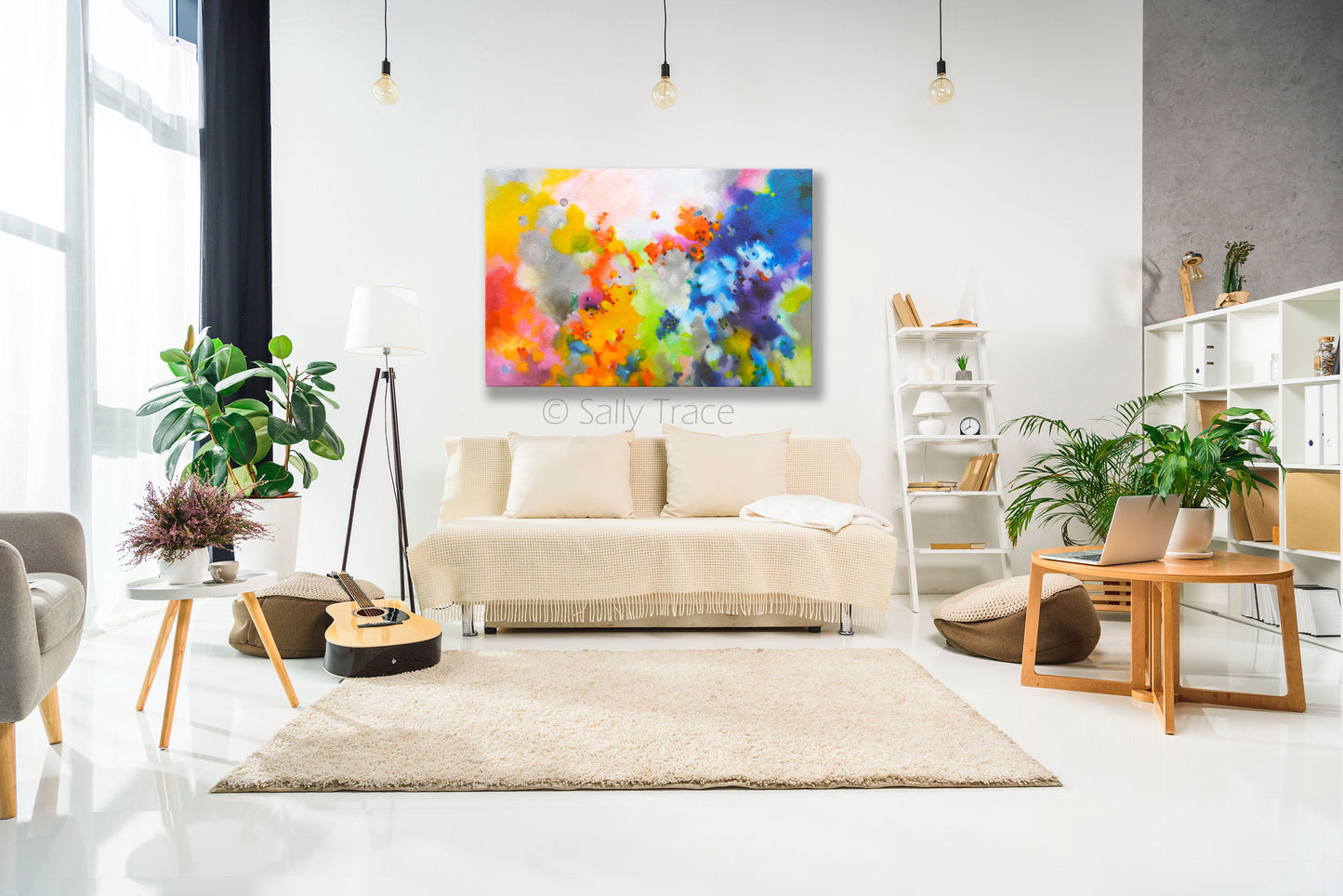 Modern contemporary fine art print on stretched canvas from the original painting by Sally Trace. Shown in a modern living room as wall art and living room decor