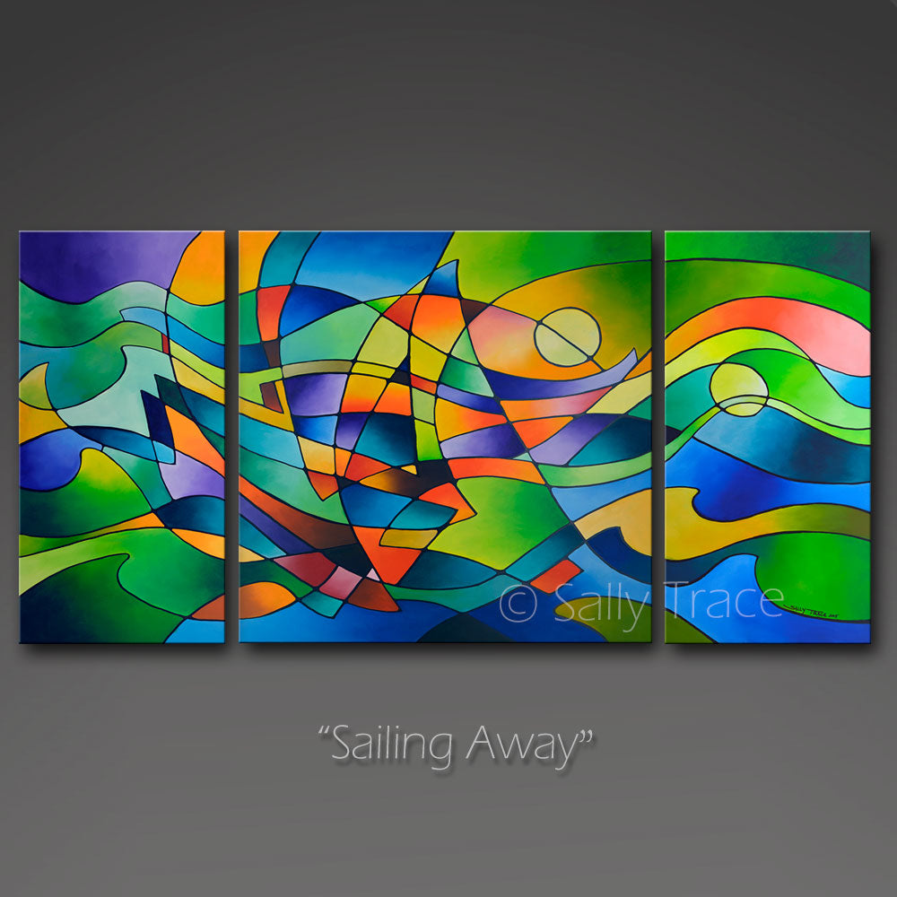 Green and blue abstract art sailboat painting, abstract seascape painting, geometric abstraction nautical art, triptych painting in blues and greens "Sailing Away" by Sally Trace
