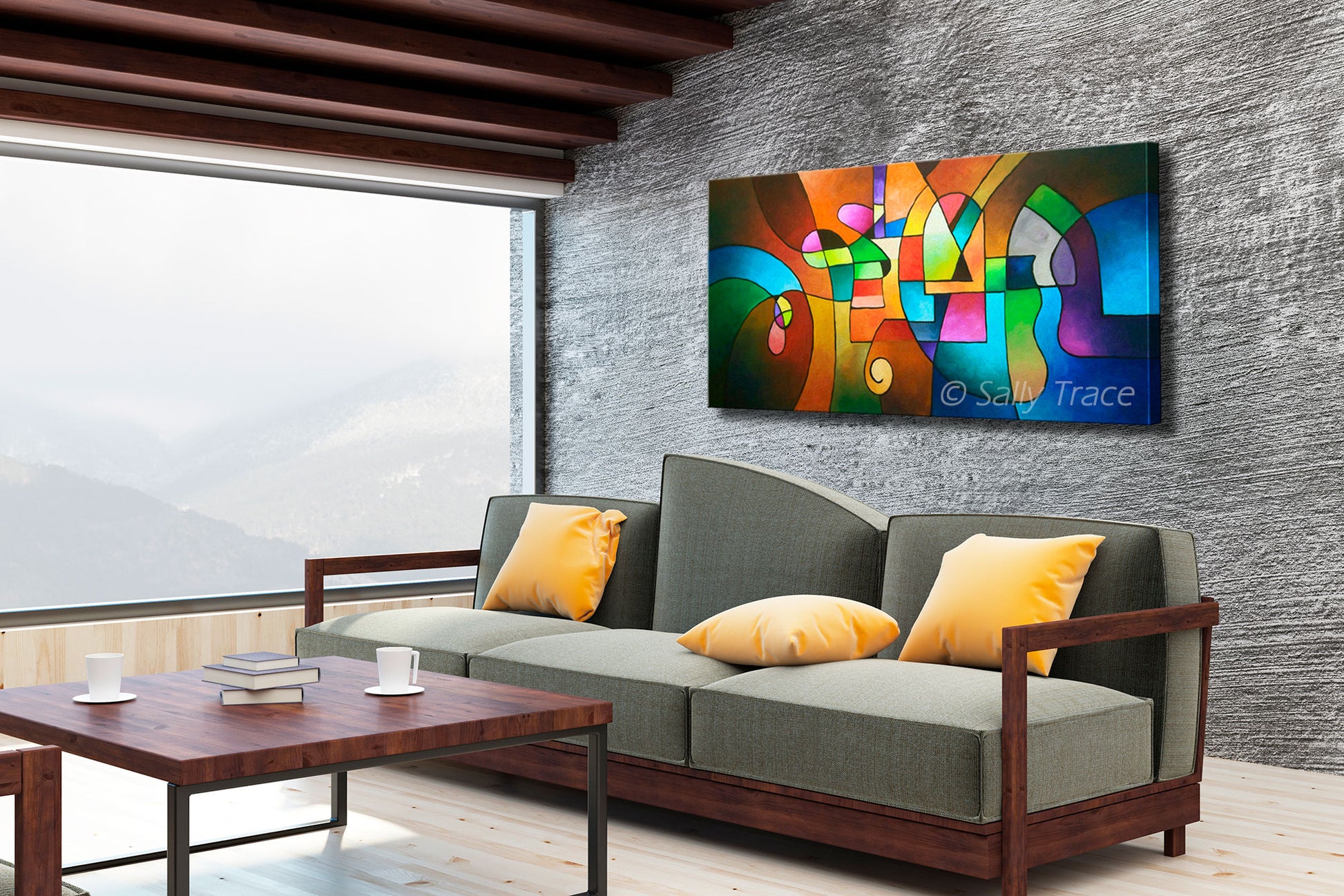 Contemporary geometric abstraction giclee print on stretched canvas by Sally Trace, room view