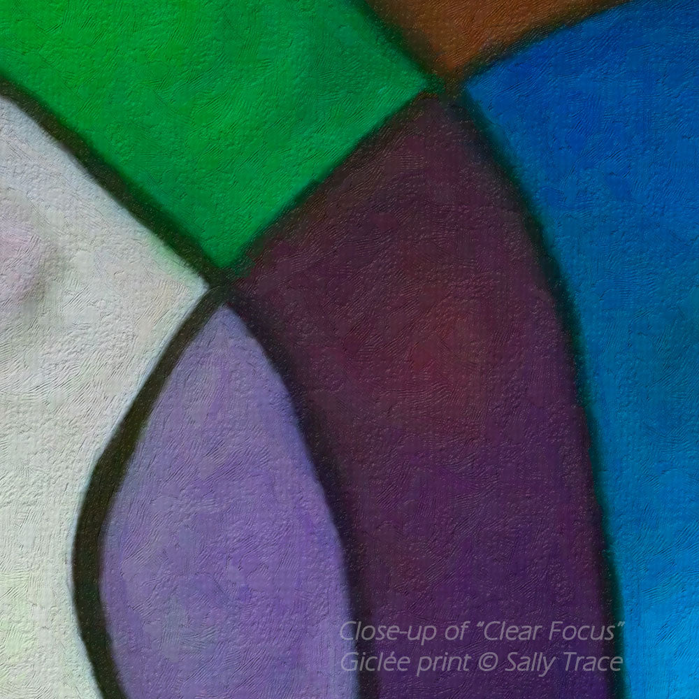 Contemporary geometric abstraction giclee print on stretched canvas by Sally Trace, close up detail view