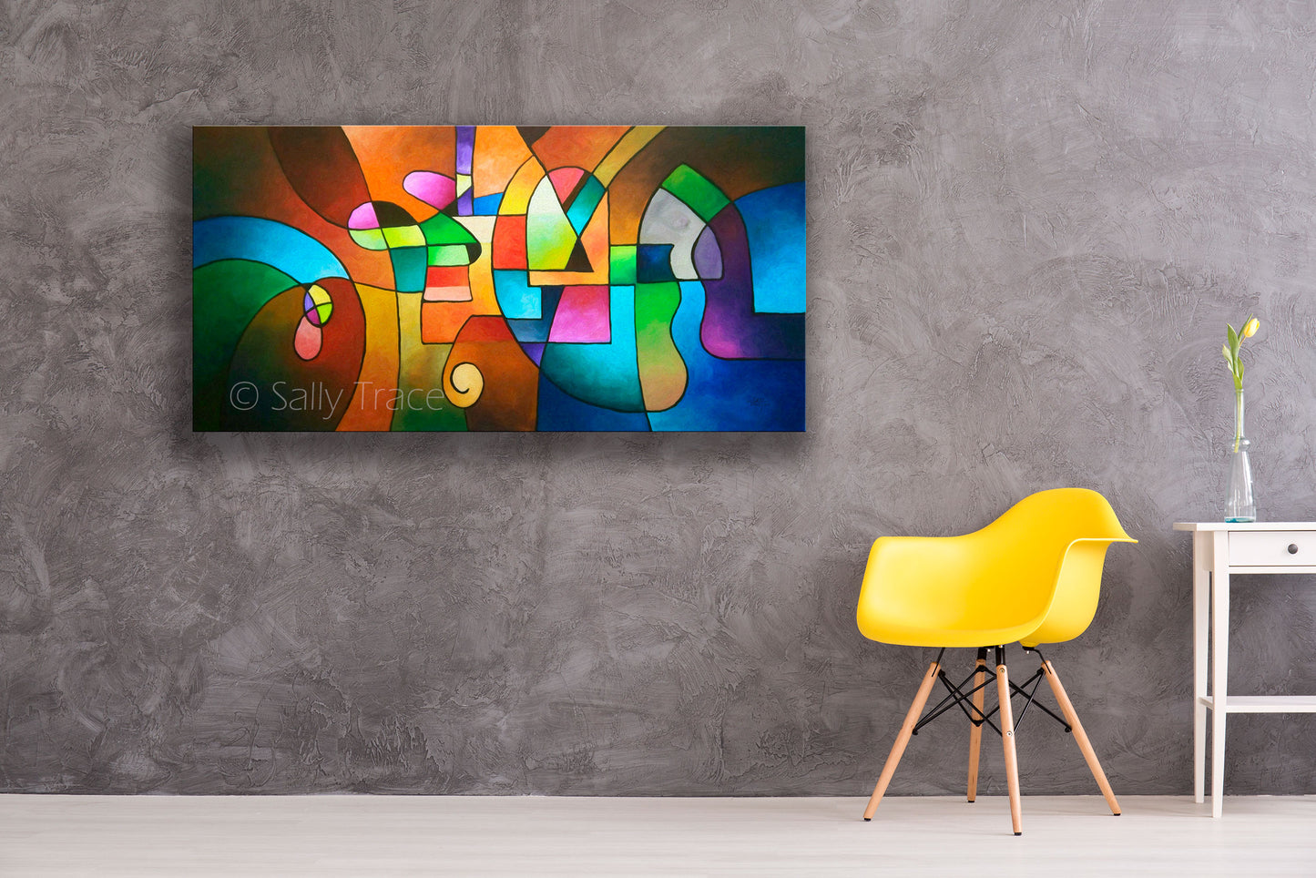 Contemporary geometric abstraction giclee print on stretched canvas by Sally Trace, room view